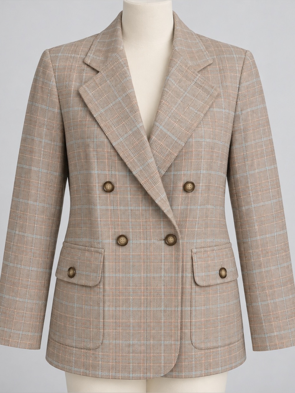 East 5th Double-Breasted Plaid Blazer in Tan Plaid
